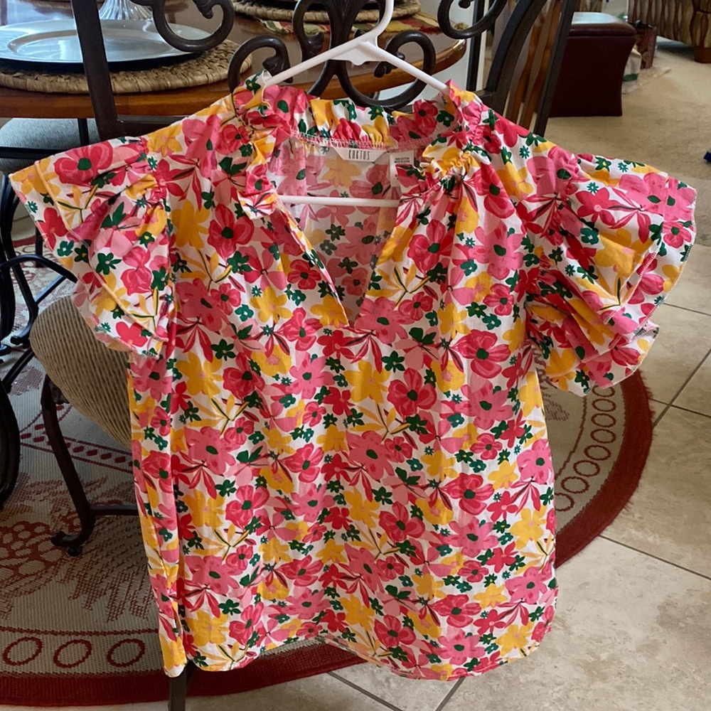 Kaktus EUC Pink Orange & Green Floral Short Sleeve Ruffle Cotton Blouse - Size L